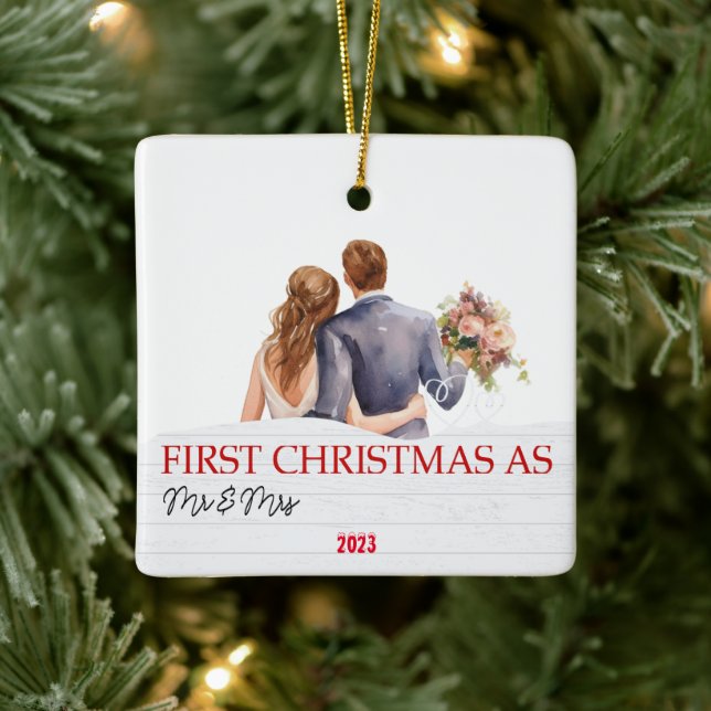 Personalized White Wood Our First Christmas Ceramic Ornament (Tree)