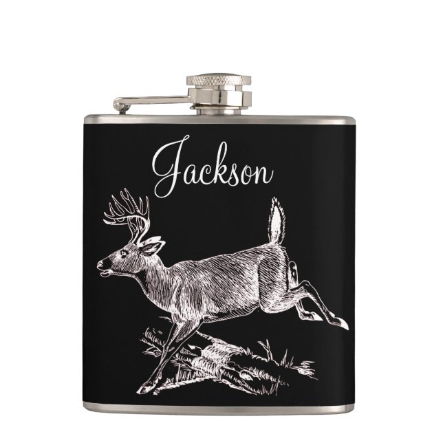 Personalized Whitetail Buck Leaping Hip Flask (Front)