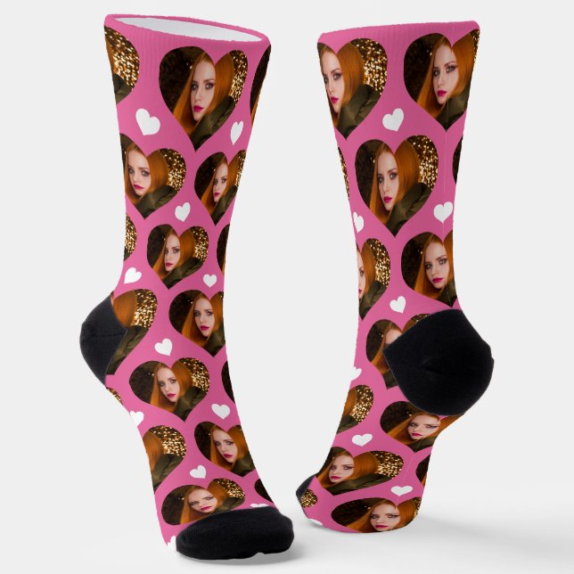 Personalized Wife Photo Heart Love Pink Socks (Angled)