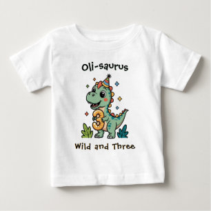 Personalized Wild and Three Dinosaur 3rd Birthday Baby T-Shirt