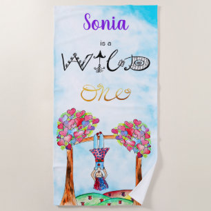 Personalized WILD ONE Boho Paint Purple Pink Girl Beach Towel