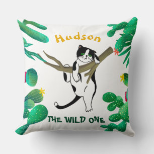 Personalized Wild One Cacti Cat Kids 1st Birthday Throw Pillow