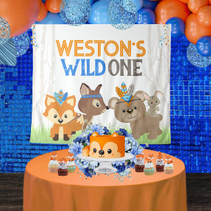 Personalized Wild One Forest Animal Party Backdrop Tapestry