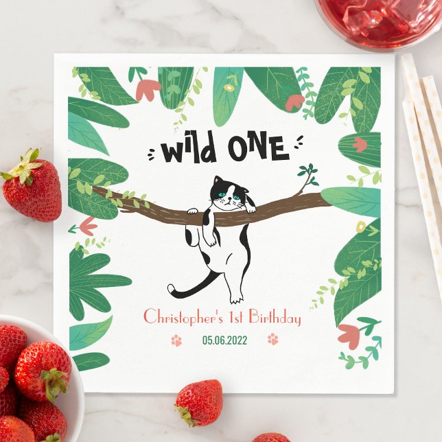 Personalized Wild One Tuxedo Cat Kids 1st Birthday Napkin (Creator Uploaded)