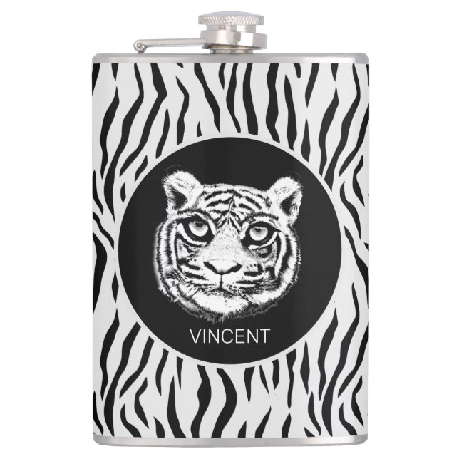 Personalized Wild Tiger Face on Tiger Skin Pattern Hip Flask (Front)