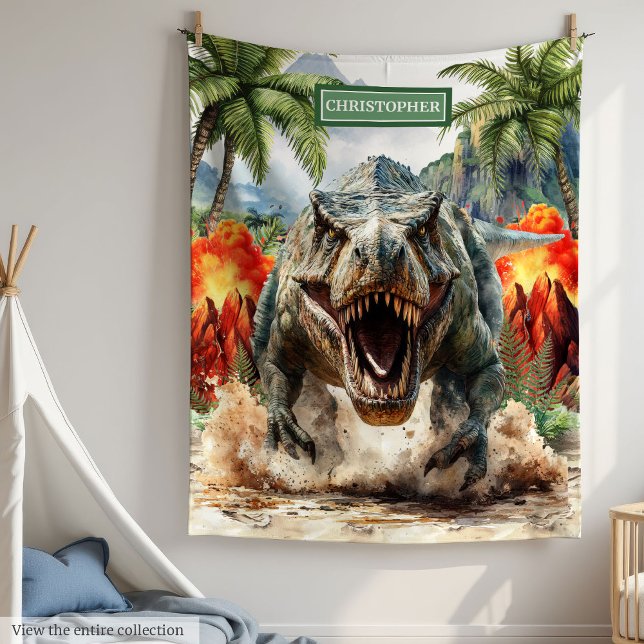 Personalized Wild Tyrannosaurus Custom Name Fleece Blanket (Furious Tyrannosaurus Blanket Custom Name for Boys)