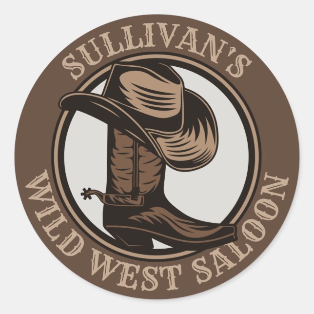 Personalized Wild West Saloon Western Cowboy Boots Classic Round Sticker (Front)