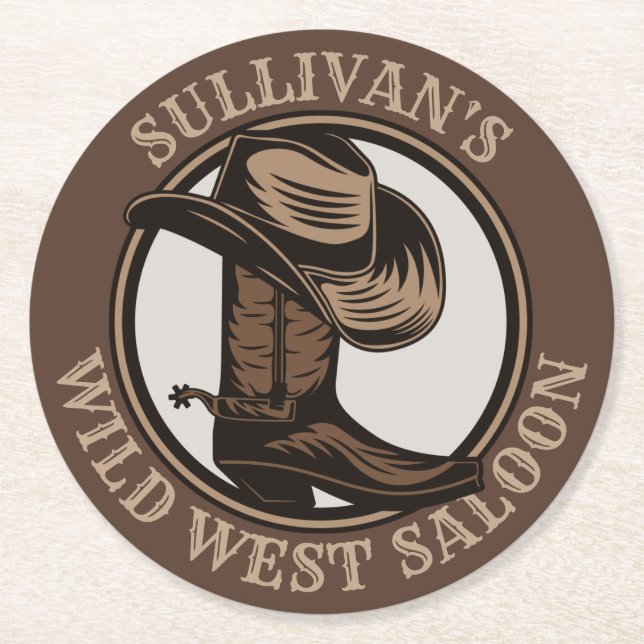 Personalized Wild West Saloon Western Cowboy Boots Round Paper Coaster (Front)