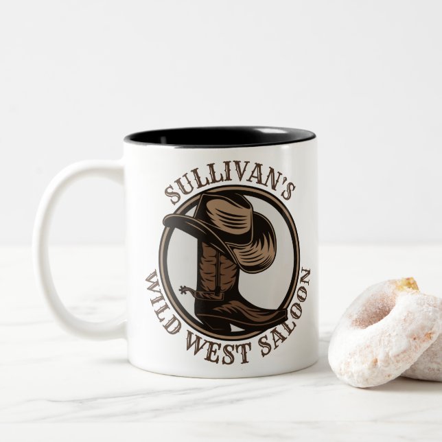 Personalized Wild West Saloon Western Cowboy Boots Two-Tone Coffee Mug (With Donut)