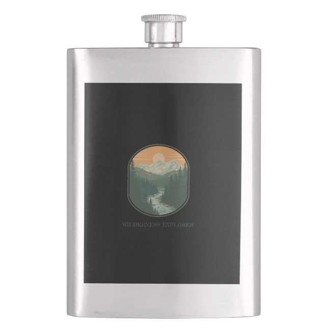 Personalized Wilderness Explorer Retro Mountain  Hip Flask (Front)