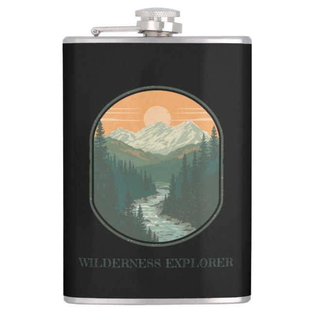 Personalized Wilderness Explorer Retro Mountain  Hip Flask (Front)