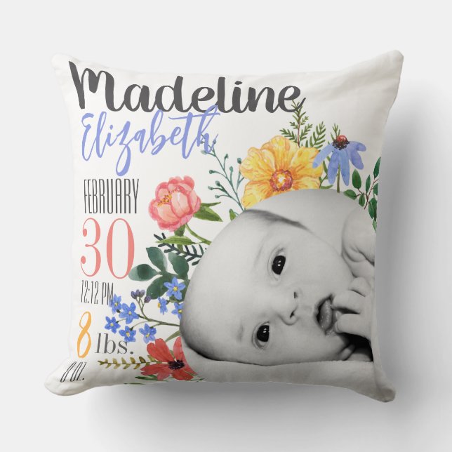 Personalized Wildflower Birth Announcement Pillow (Front)