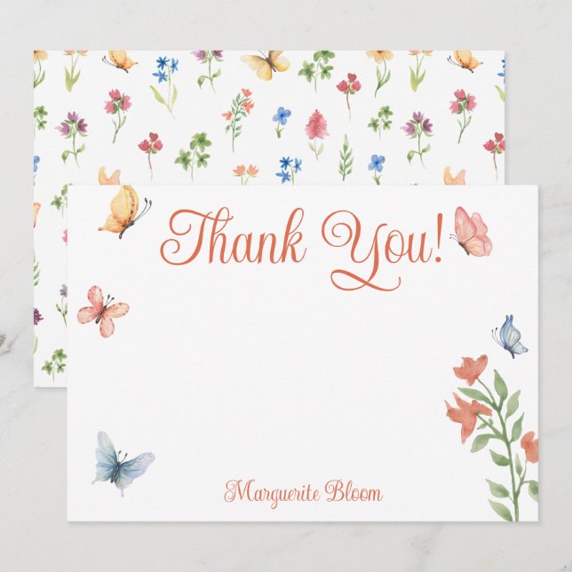 Personalized Wildflower Butterflies Bridal Shower  Thank You Card (Front/Back)