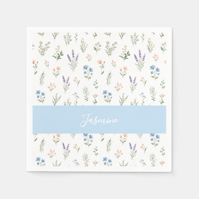 Personalized Wildflower Custom Name Floral Blue Napkin (Front)