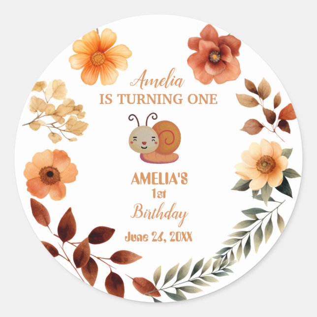Personalized wildflower girl 1st birthday classic round sticker (Front)