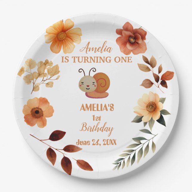 Personalized wildflower girl 1st birthday paper plate (Front)