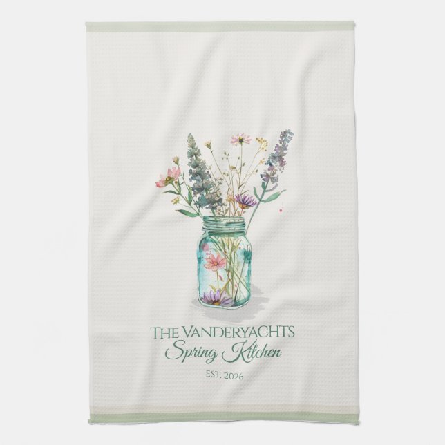 Personalized Wildflower Mason Jar Spring  Kitchen Towel (Vertical)