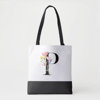Personalized Wildflower Monogram Letter P Tote Bag
