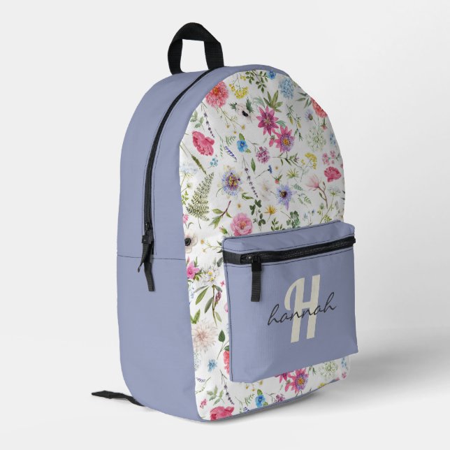 Personalized Wildflower Purple Monogram Printed Backpack (Back Corner Left)