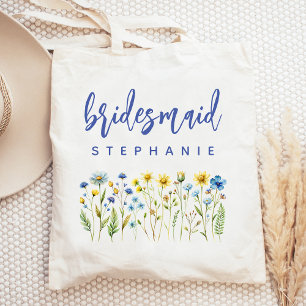 Personalized Wildflowers Blue Script Bridesmaid Tote Bag