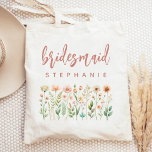 Personalized Wildflowers Rose Script Bridesmaid Tote Bag<br><div class="desc">This simple,  elegant tote bag features a border of wildflowers in shades of pink and peach with green stems. The word "bridesmaid" appears in dusty rose handwriting script. Personalize it with her name in sans serif font. Makes a perfect bridesmaid gift!</div>
