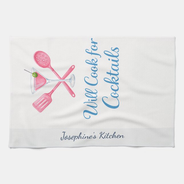 Personalized Will Cook for Cocktails Funny Elegant Kitchen Towel (Horizontal)