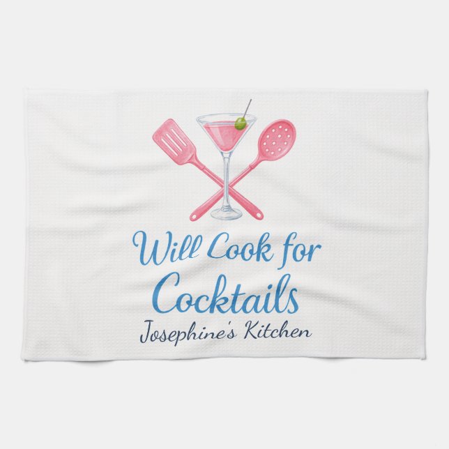 Personalized Will Cook for Cocktails Funny Elegant Kitchen Towel (Horizontal)