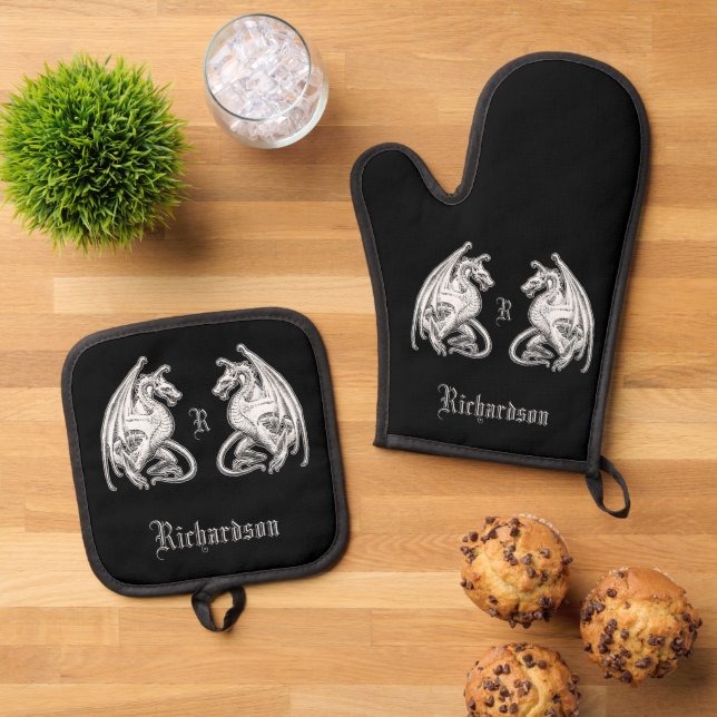 Personalized Winged Dragons  Oven Mitt & Pot Holder Set (Top Down)