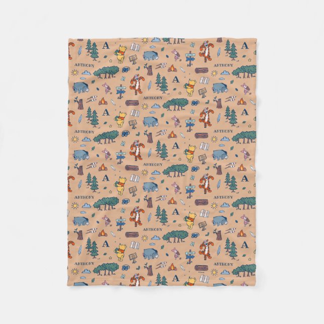 Personalized Winnie the Pooh Camping Pattern Fleece Blanket (Front)