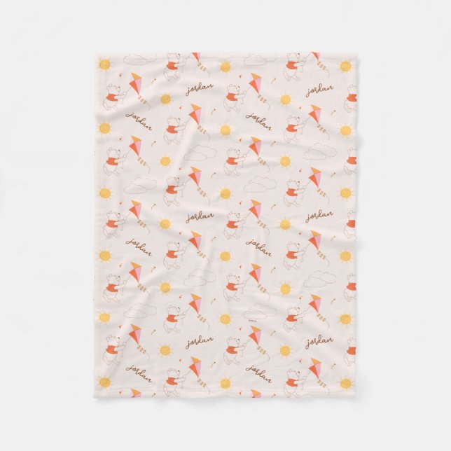 Personalized Winnie the Pooh Kite Flying Pattern Fleece Blanket (Front)