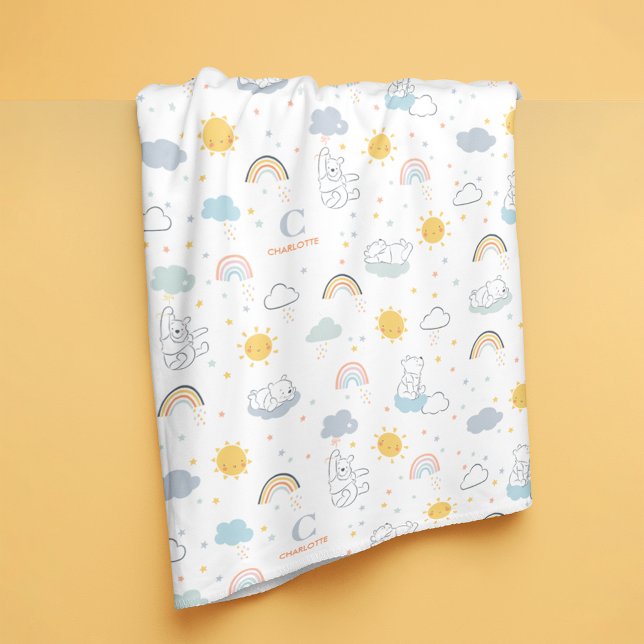 Personalized Winnie the Pooh Rainbow Pattern Fleece Blanket (Blanket on ledge)