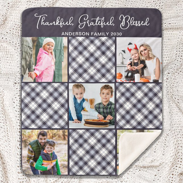 Personalized Winter Blue Gray Plaid Photo Collage  Sherpa Blanket (Creator Uploaded)
