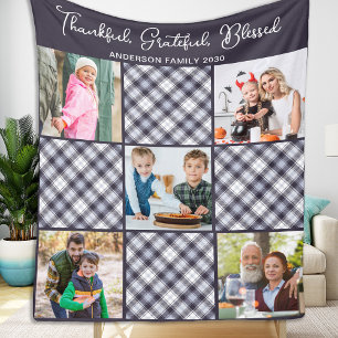 Personalized Winter Blue Grey Plaid Photo Collage Fleece Blanket