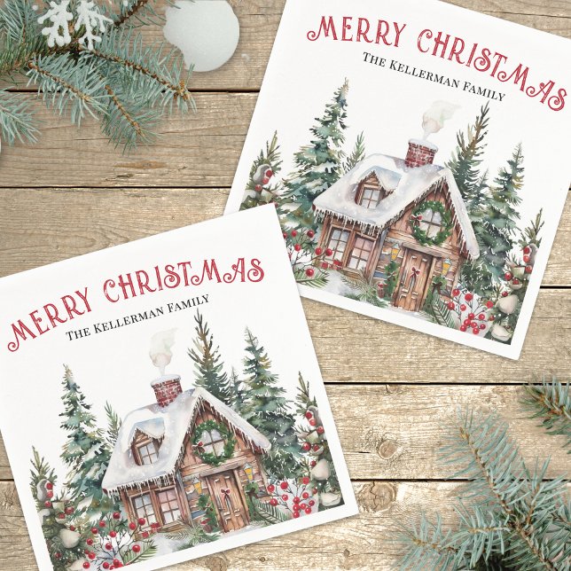 Personalized  Winter Christmas Napkin (Festive Winter Watercolor Christmas Napkins)