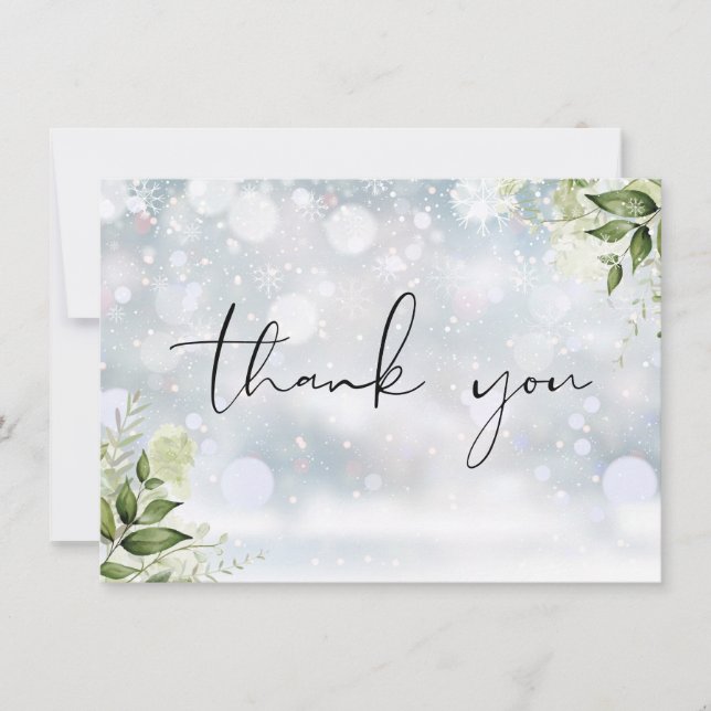 Personalized Winter Greenery Elegant Script Thank You Card (Front)