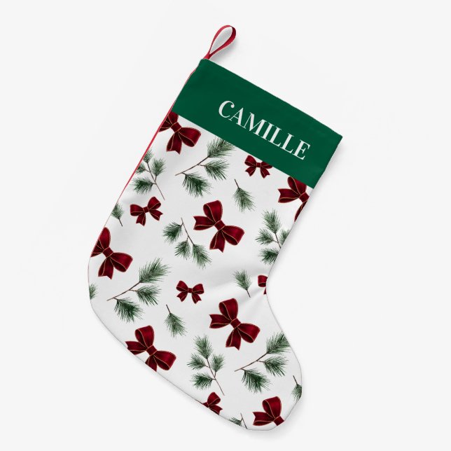Personalized Winter Greenery & Red Bow Small Christmas Stocking (Front (Hanging))