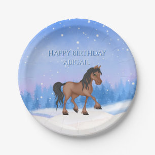 Personalized Winter Horse and Snow Birthday Paper Plate