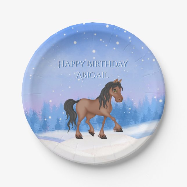 Personalized Winter Horse and Snow Birthday Paper Plate (Front)