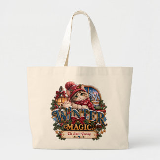 Personalized Winter Magic Cozy Cat Christmas  Large Tote Bag