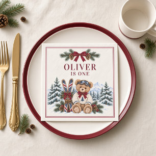 Personalized Winter Mountain Teddy Bear Burgundy Napkin