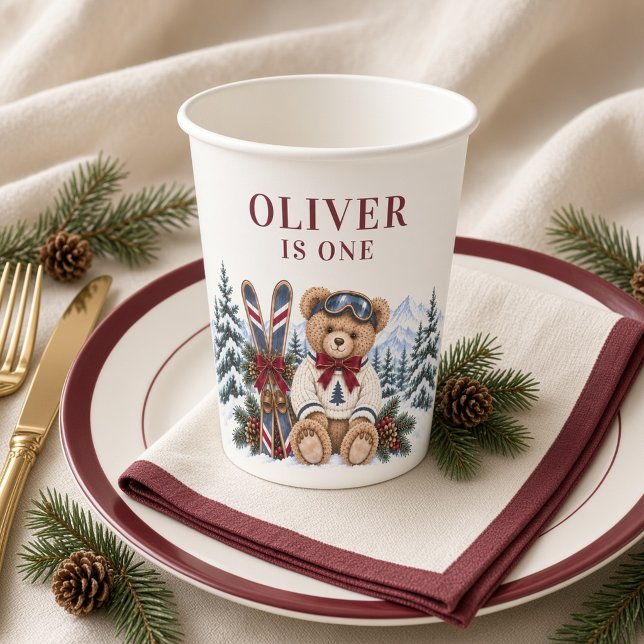 Personalized Winter Mountain Teddy Bear Paper Cups (Creator Uploaded)