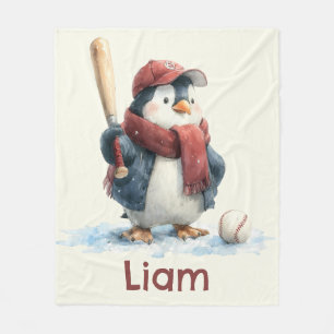 Personalized Winter Penguin Baseball Kid Fleece Blanket