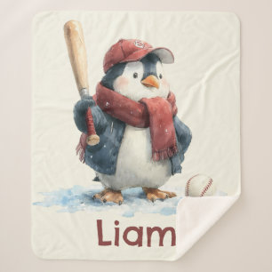 Personalized Winter Penguin Baseball Kid Sherpa Blanket