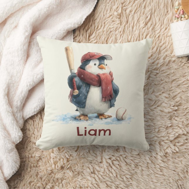 Personalized Winter Penguin Baseball Kid Throw Pillow (Blanket)