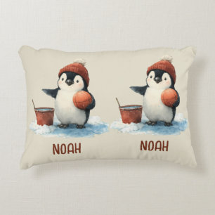 Personalized Winter Penguin Basketball Kid Accent Pillow