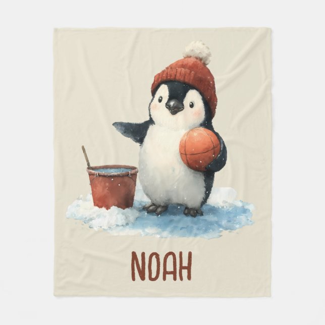 Personalized Winter Penguin Basketball Kid Fleece Blanket (Front)