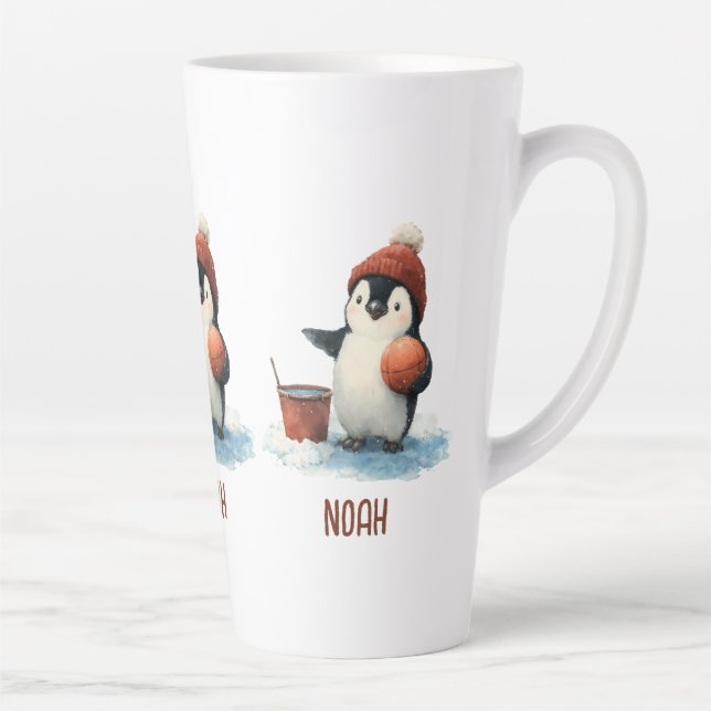 Personalized Winter Penguin Basketball Kid Latte Mug (Right)