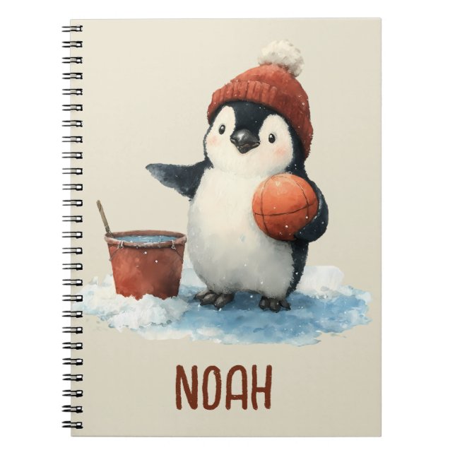 Personalized Winter Penguin Basketball Kid Notebook (Front)