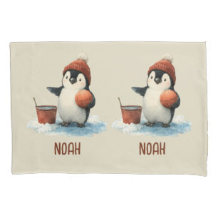 Personalized Winter Penguin Basketball Kid Pillowcase