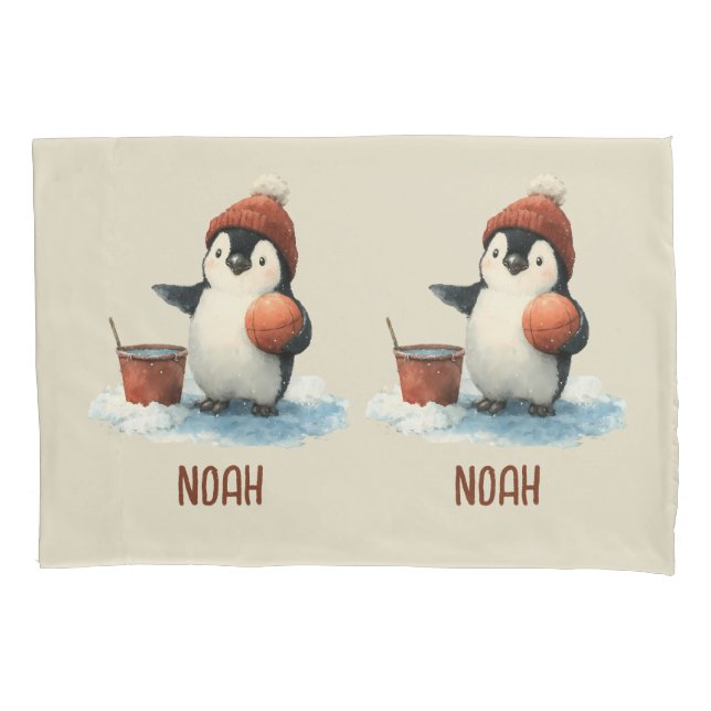 Personalized Winter Penguin Basketball Kid Pillowcase (Front)